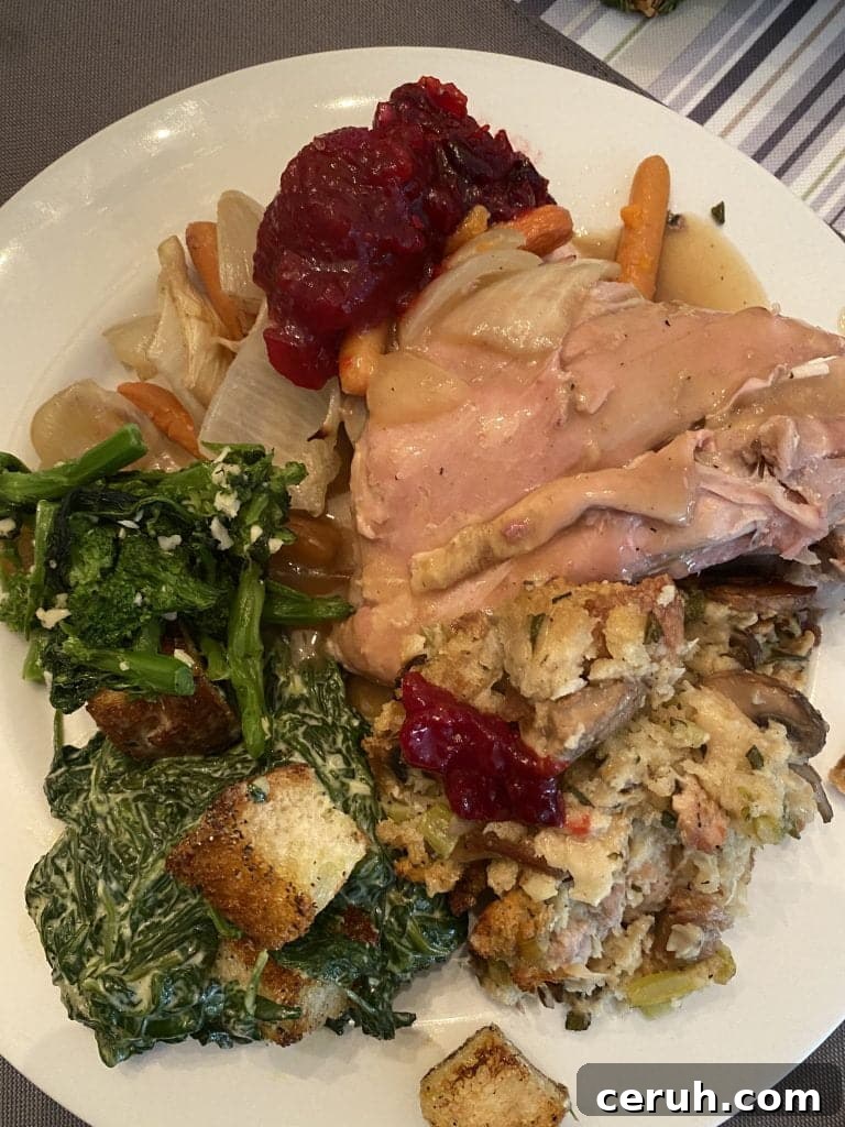Thanksgiving Stuffing with Sausage and Mushrooms finished on plate with other food