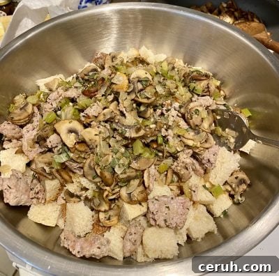 Thanksgiving Stuffing with Sausage and Mushrooms in process