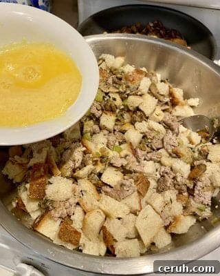 Thanksgiving Stuffing with Sausage and Mushrooms in process