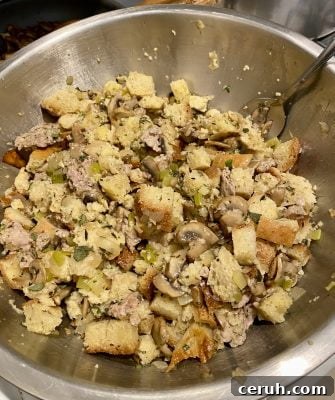 Thanksgiving Stuffing with Sausage and Mushrooms in process