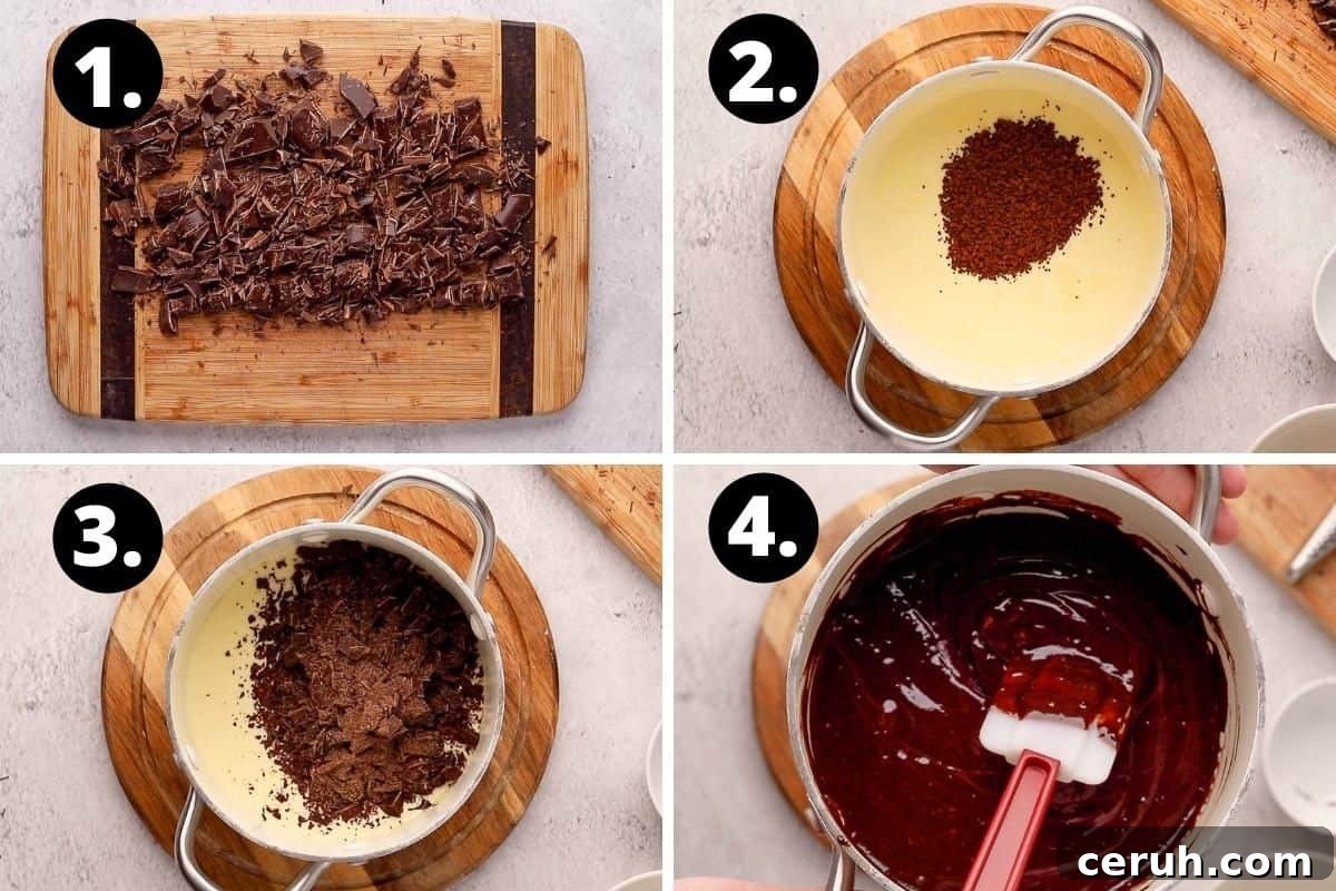 Steps 1-4 of preparing this recipe in a photo collage - chopped chocolate, cream in saucepan with coffee powder, adding chocolate, the chocolate mixture.