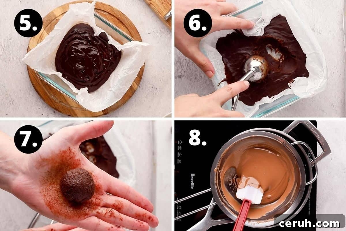 Steps 5-8 of preparing this recipe in a photo collage - the mixture in a dish, the cooled mixture being scooped, rolling the truffles and melting chocolate to coat the truffles.