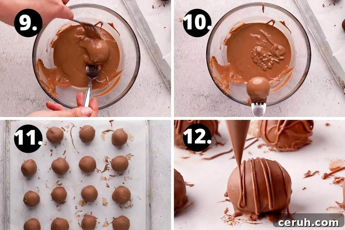 Steps 9-12 of preparing this recipe in a photo collage - dipping the truffle in the chocolate, removing the truffle from the chocolate, the chilled truffles and drizzling them with chocolate.
