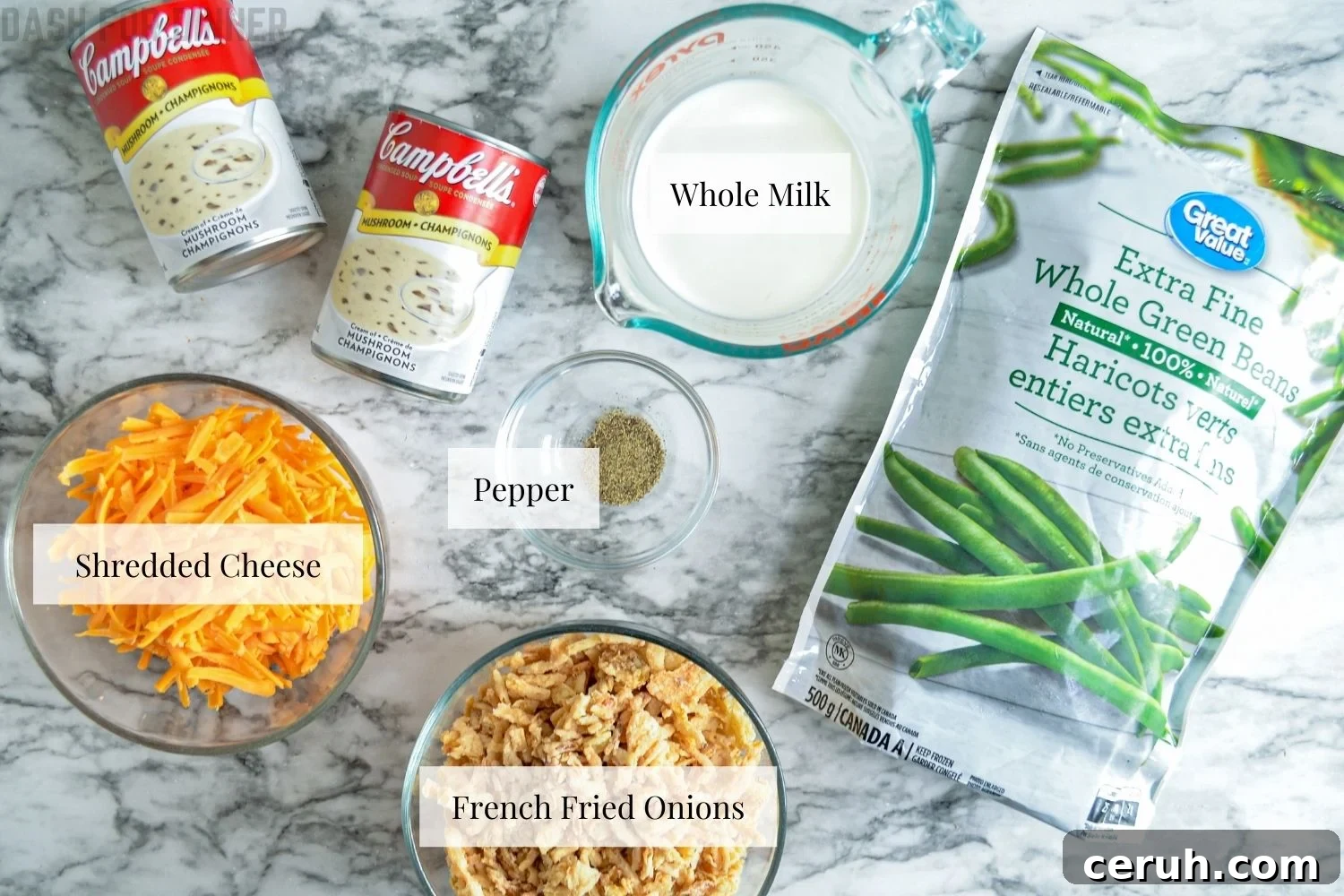 Creamy Slow Cooker Green Bean Casserole for Holidays 4 The ingredients needed to make green bean casserole in a slow cooker.
