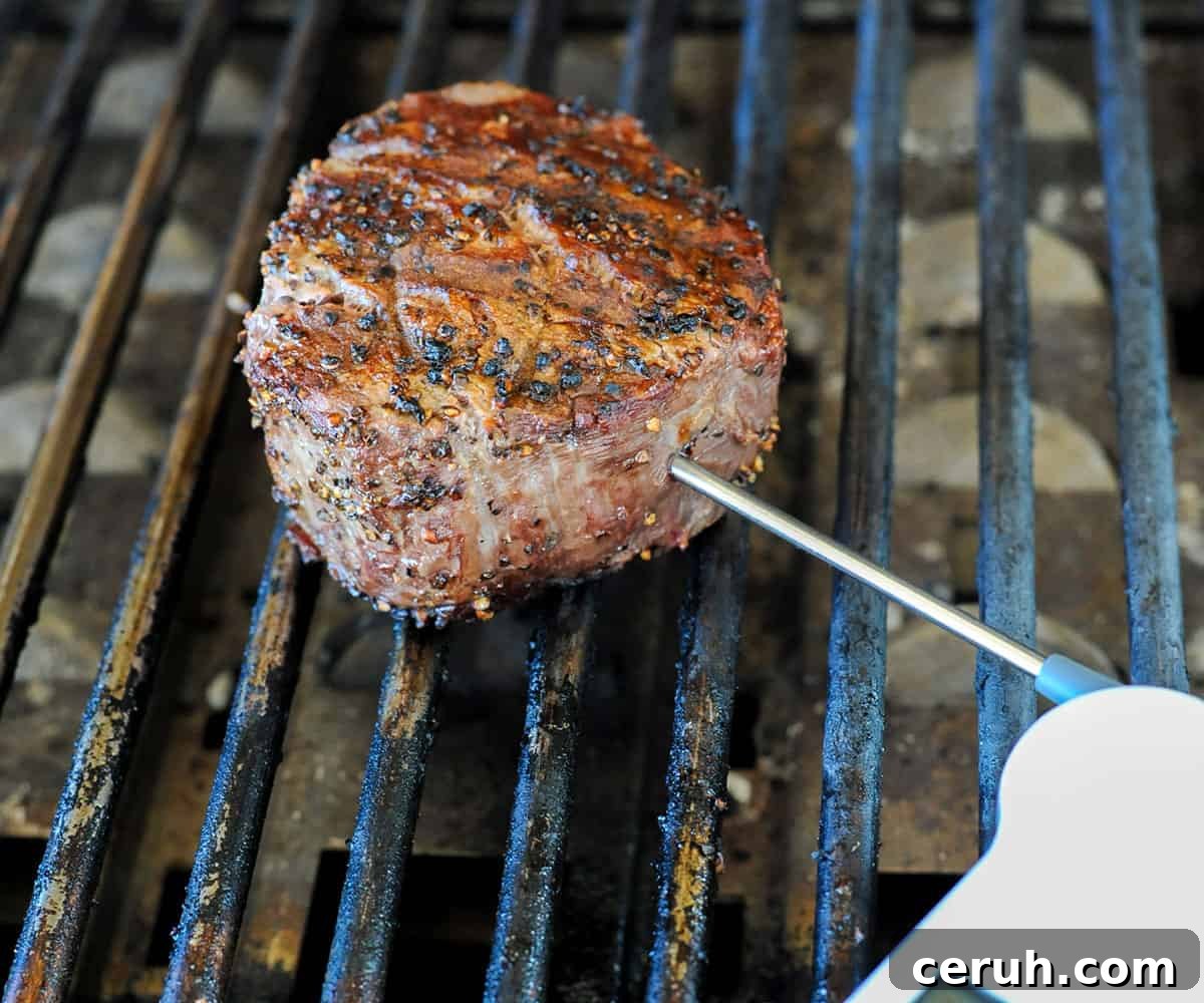 meat thermometer probing steak from side.