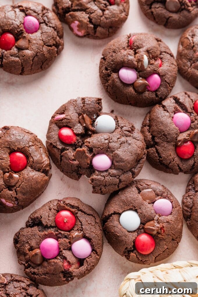 Close up of a double chocolate Valentines cookie broken in half to show the fudgy interior.