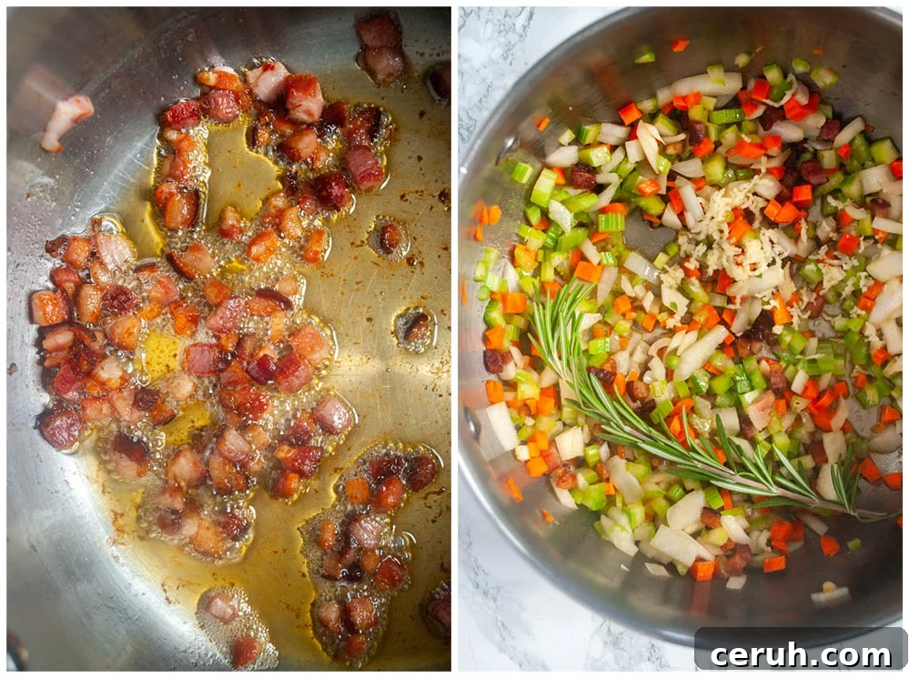 sautéing pancetta and veggies for tuscan bean soup
