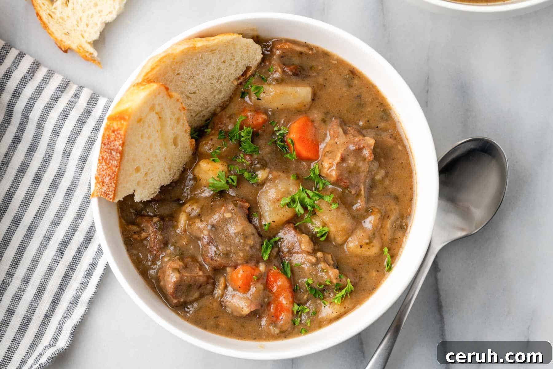 beef stew in white bowl with bread.