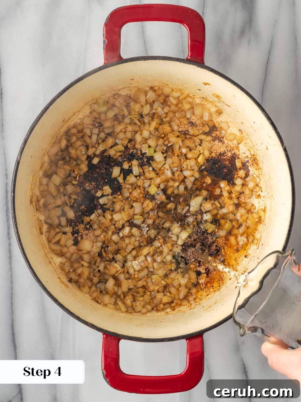 adding wine to stew.