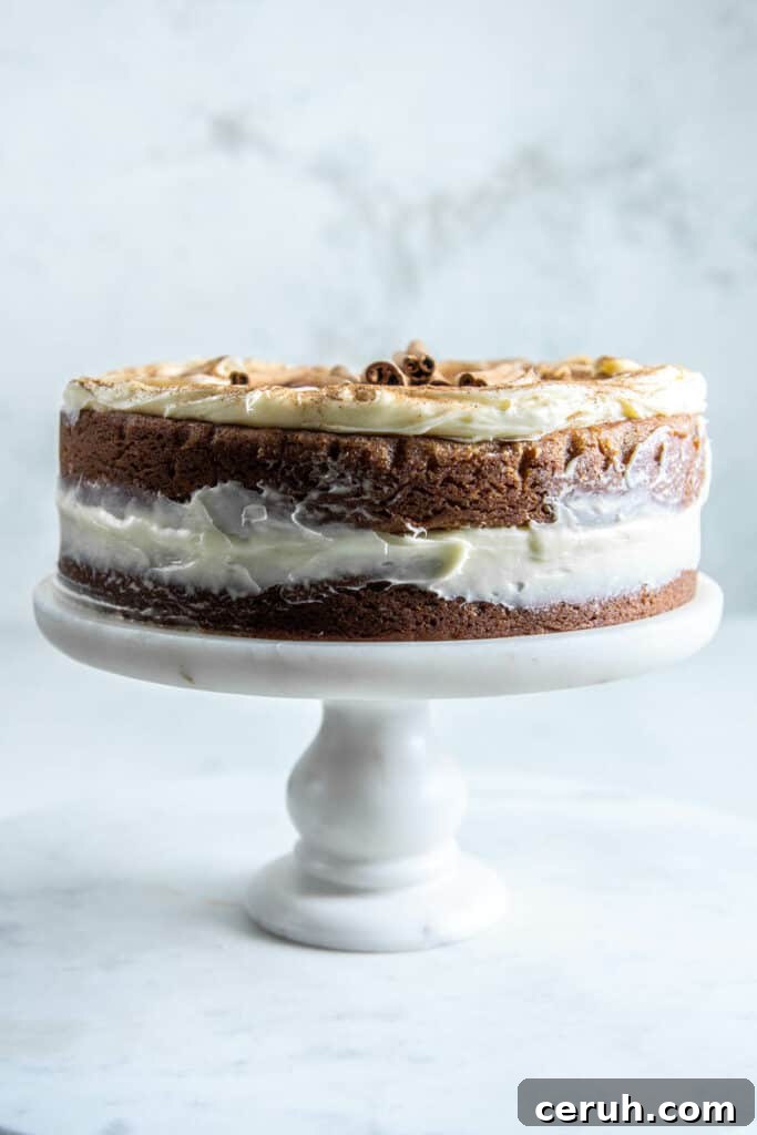 snickerdoodle cake on cake stand