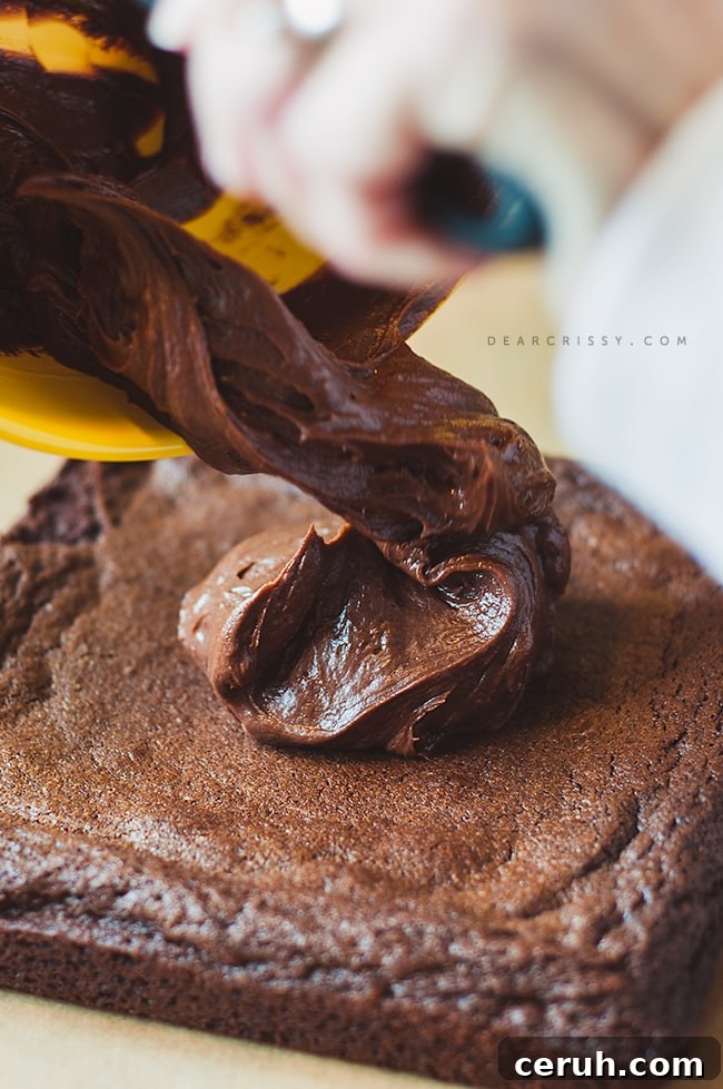 adding chocolate cream cheese frosting to brownies
