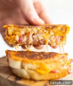 Pickled Onion Grilled Cheese hand pulling sandwich half up with cheese pull