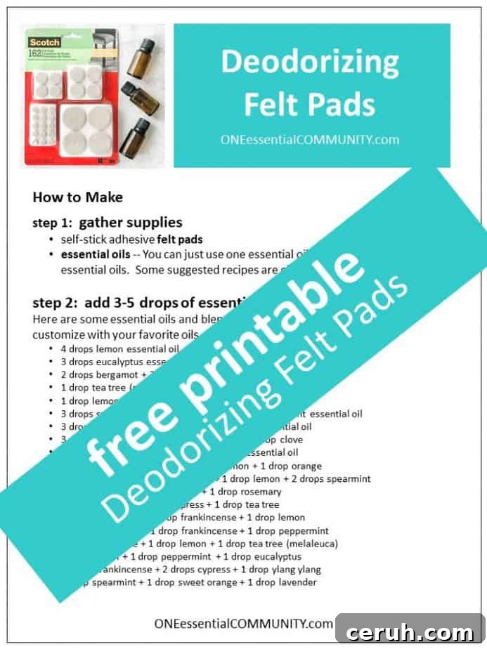 link to printable deodorizing felt pads recipe using essential oils