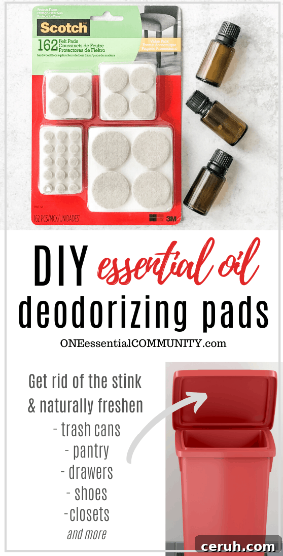 DIY essential oil deodorizing pads, pads with essential oil bottle, rainbow assortment of shoes, trash can, towels