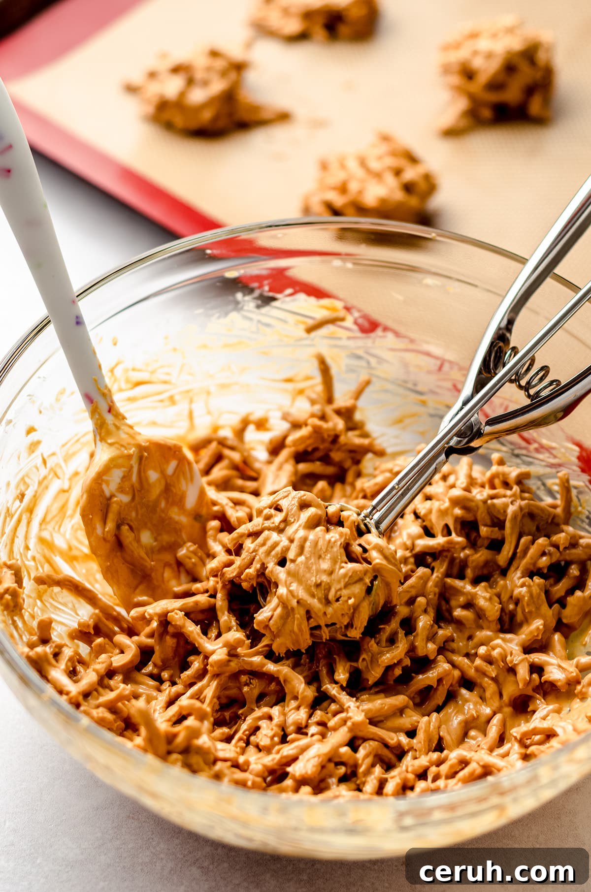 Chewy Butterscotch Haystack Cookies Recipe for Crowd-Pleasing Treats 11 Using a cookie scoop to portion out haystack batter.