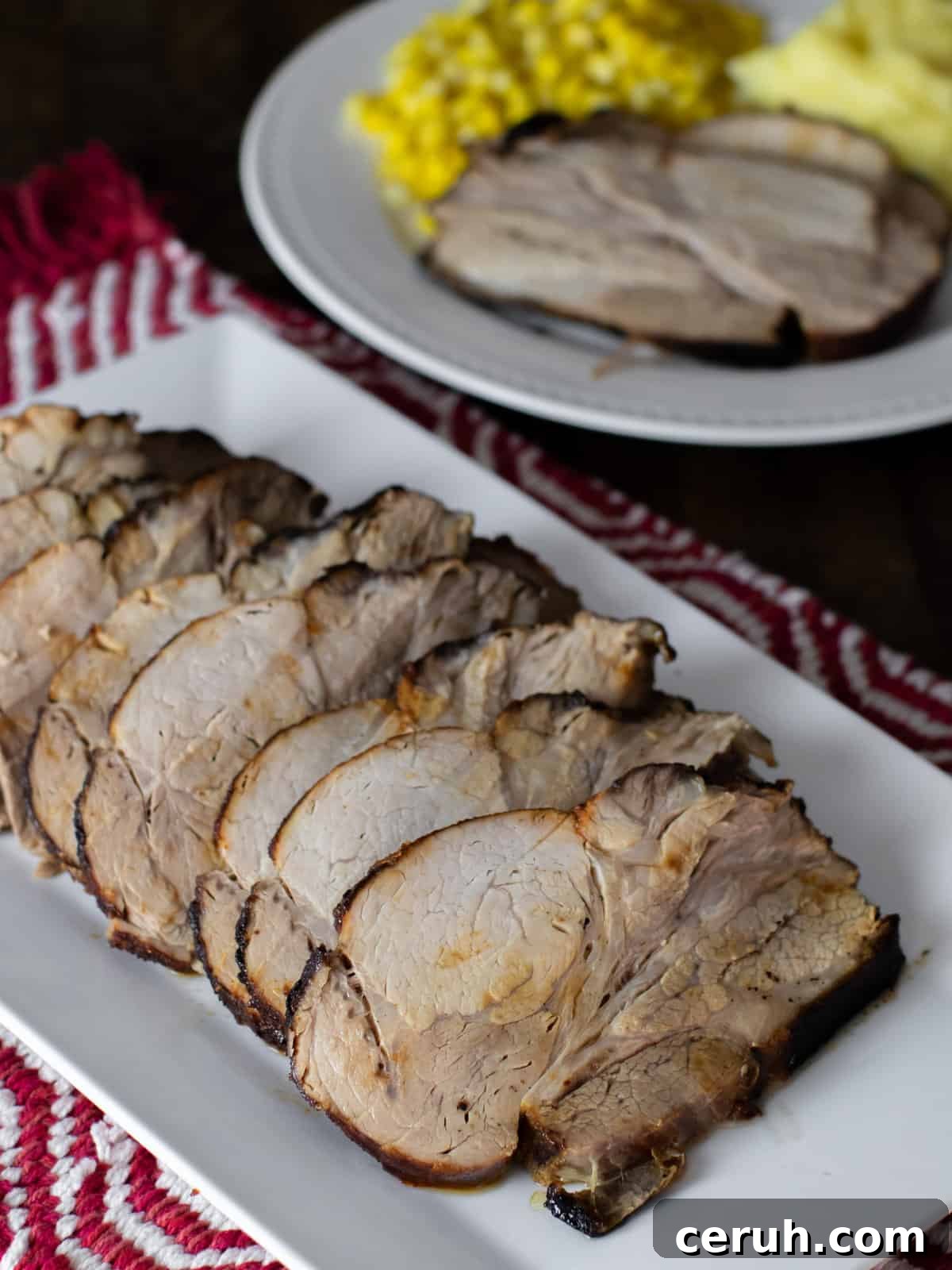 Overhead picture of sliced pork rib roast.