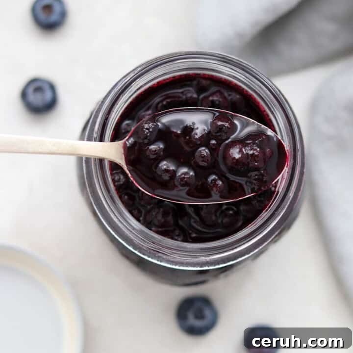 Close up of a spoonful of blueberry cardamom compote.