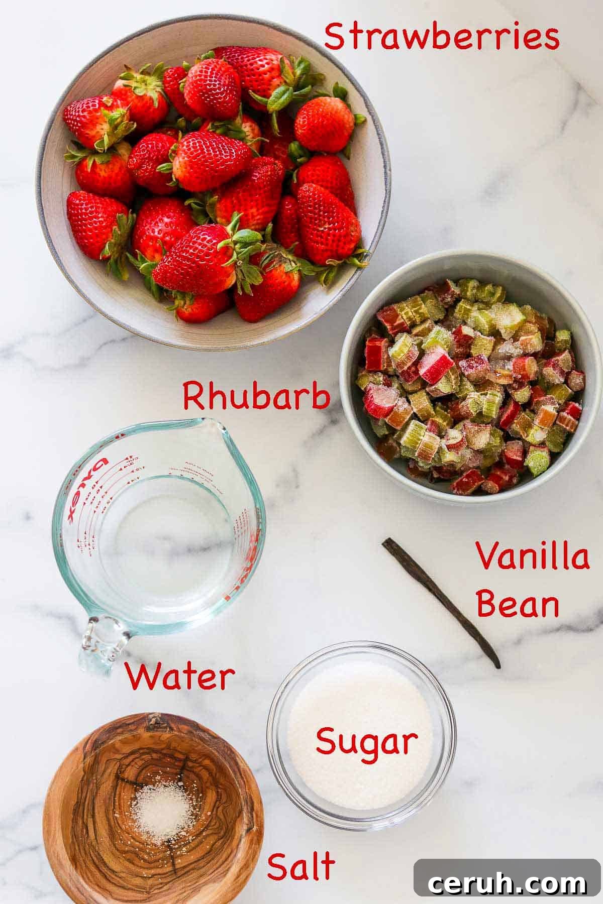 Strawberry Rhubarb Compote Recipe: Quick Homemade Fruit Sauce 3 Labeled ingredients for Strawberry Rhubarb Compote.