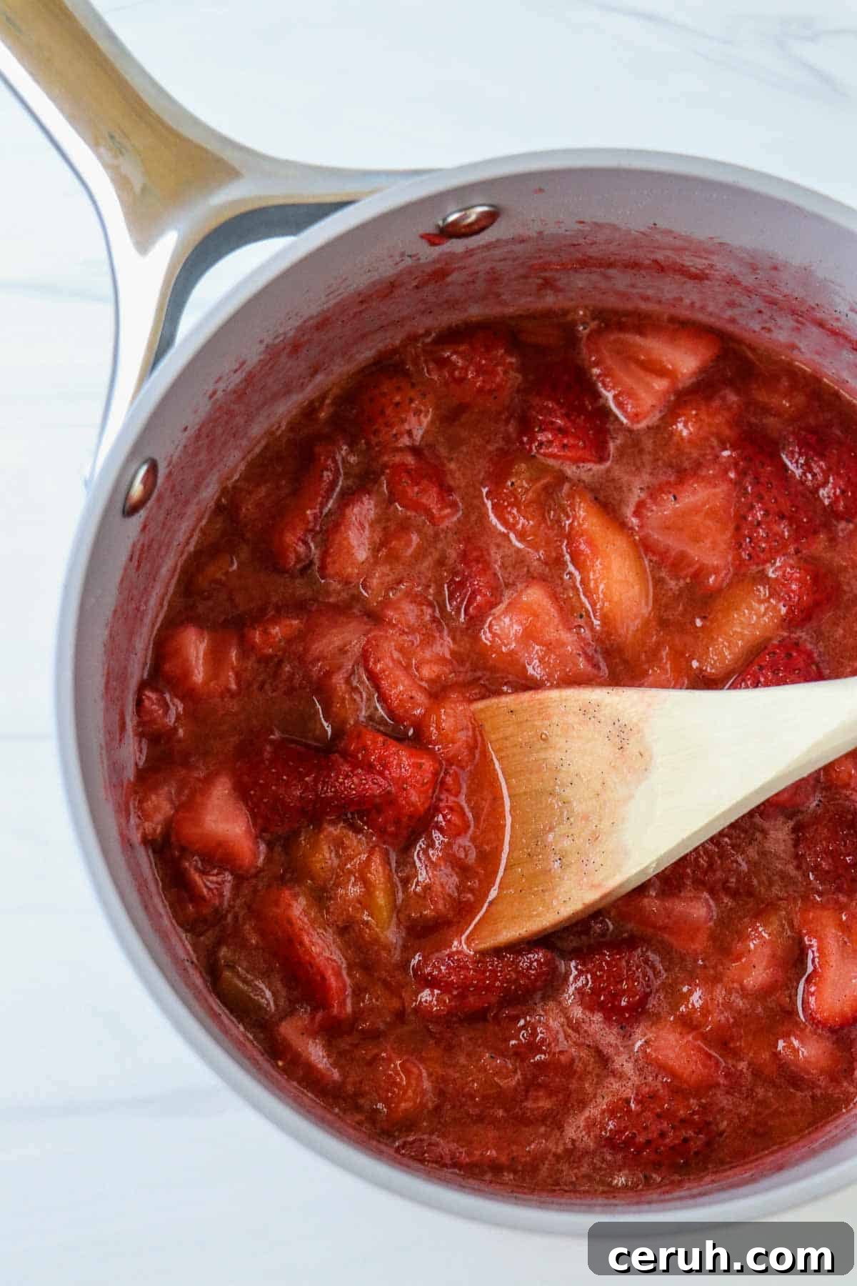 Strawberry Rhubarb Compote Recipe: Quick Homemade Fruit Sauce 6 Strawberry Rhubarb Compote in a saucepan.