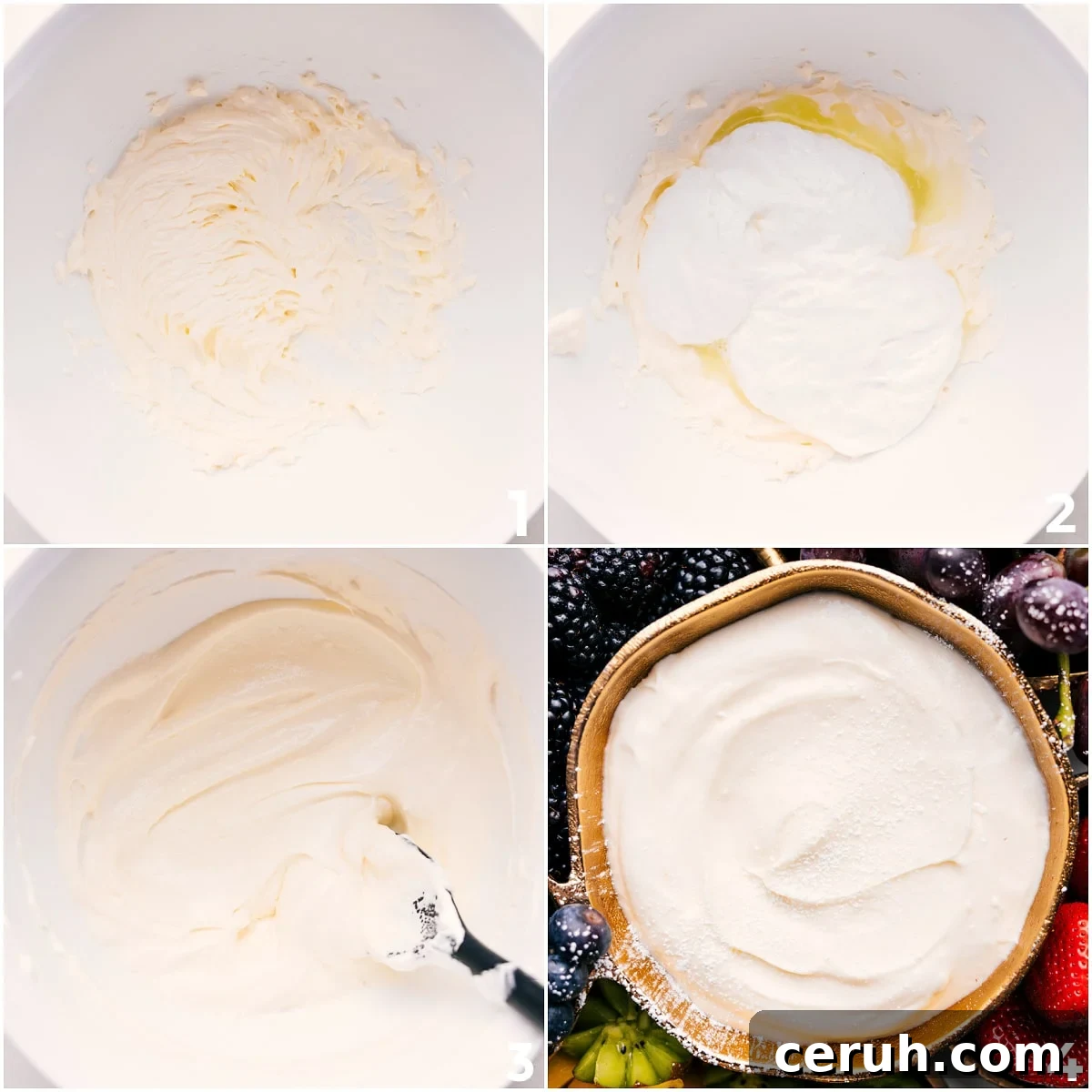 The four ingredients in this cream cheese fruit dip recipe being mixed together in a bowl.