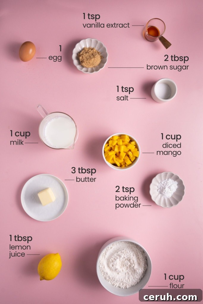 Mango Pancakes Ingredients - Egg, brown sugar, vanilla extract, salt, milk, mango, butter, baking powder, and all-purpose flour