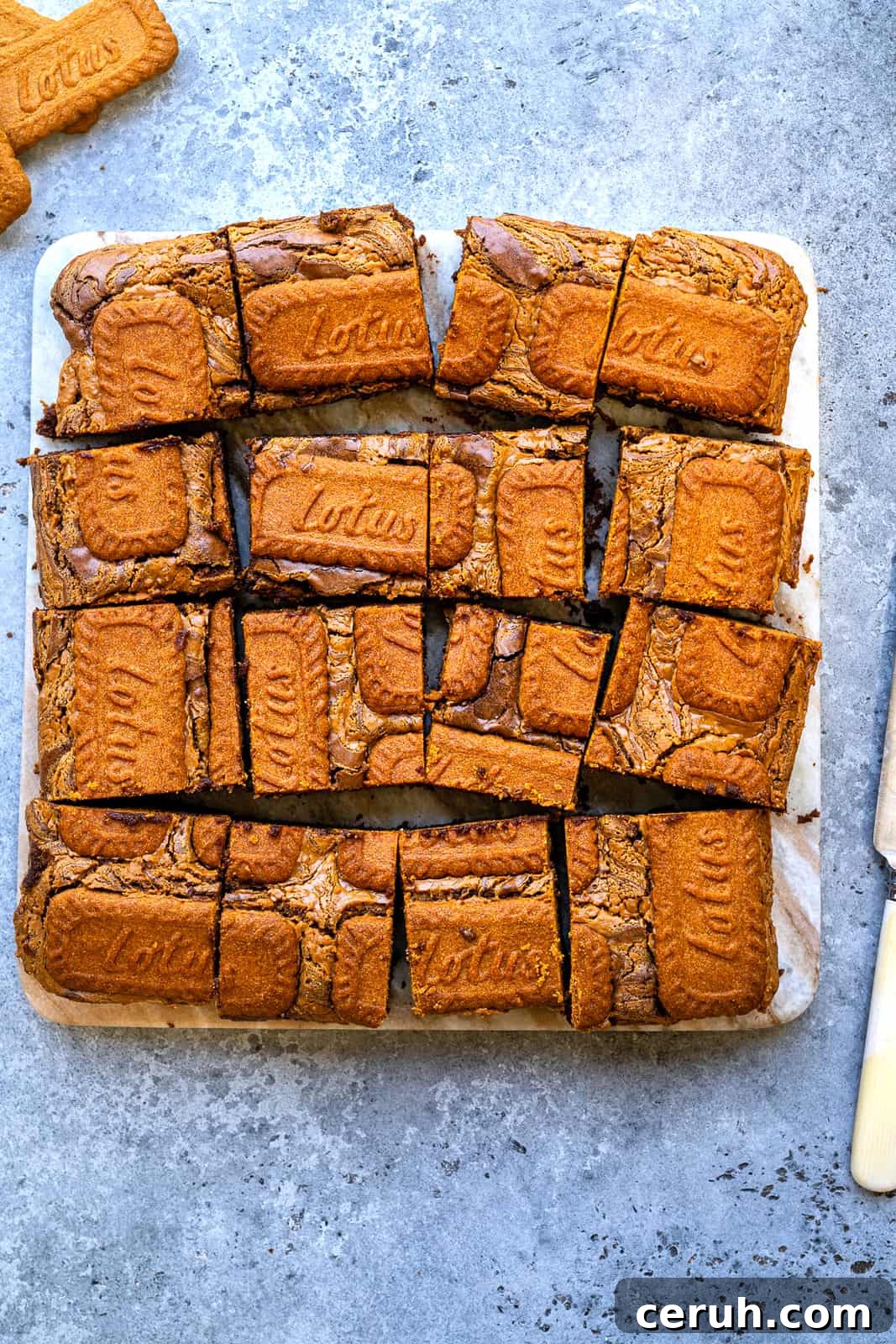 Overhead view of Biscoff brownies cut into squares