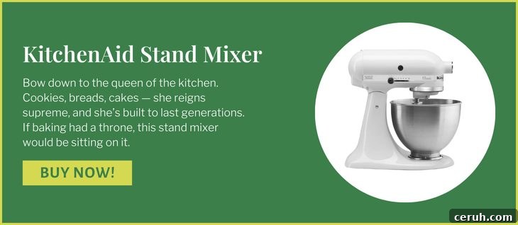 green block with white writing featuring a KitchenAid Stand Mixer.