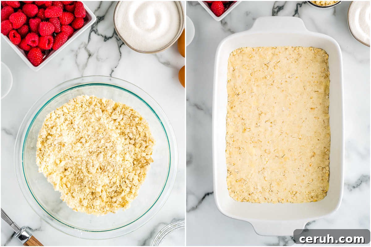 The oat crumble mixed in a bowl and then some of it patted into the bottome of a 9 by 13-inch pan.