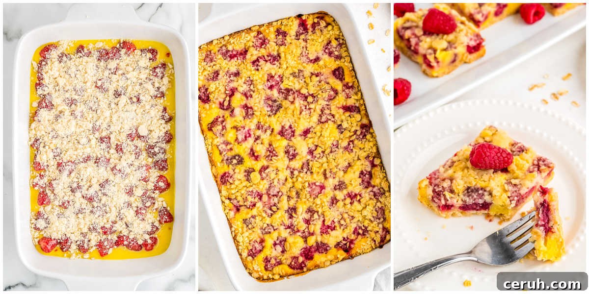 The raspberry oat bars before and after baking.