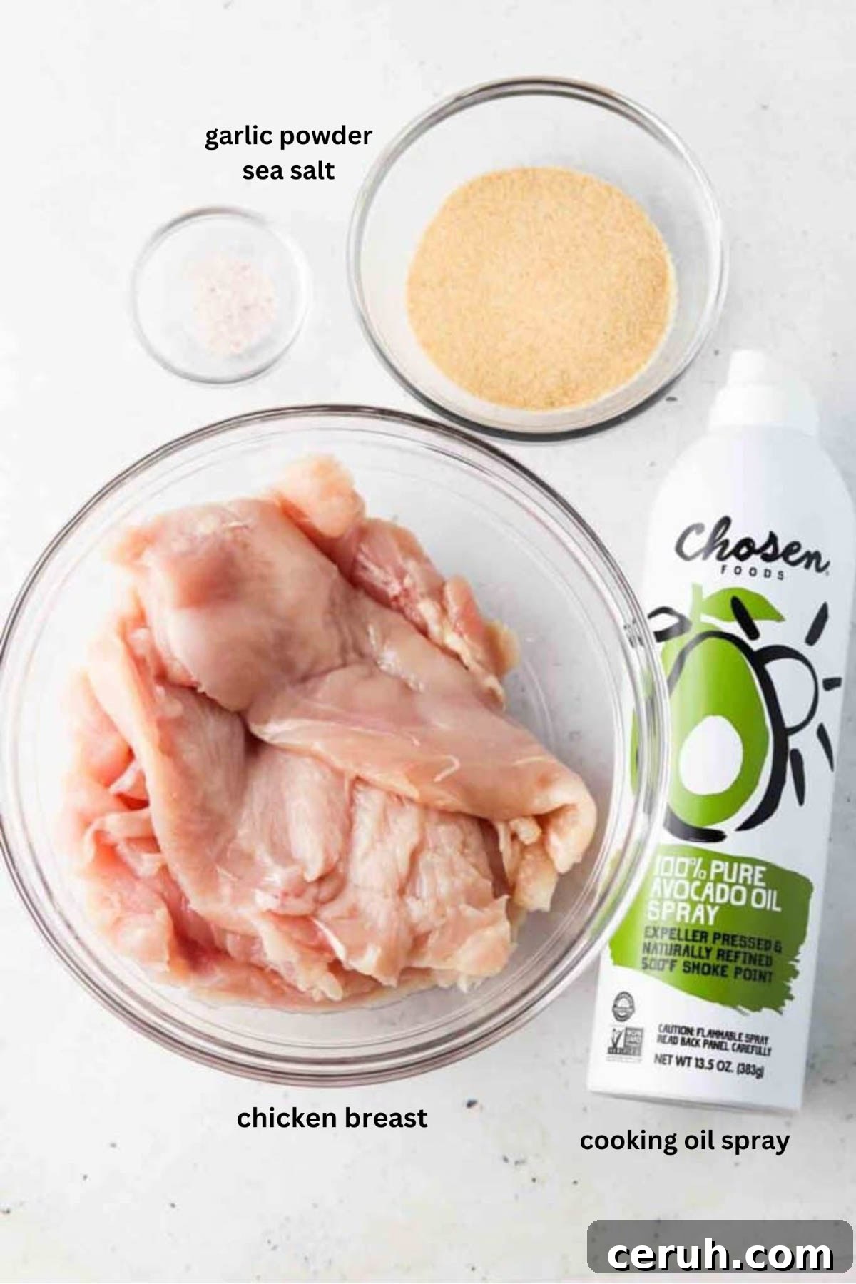 Keto chicken tender ingredients in small glass bowls. 