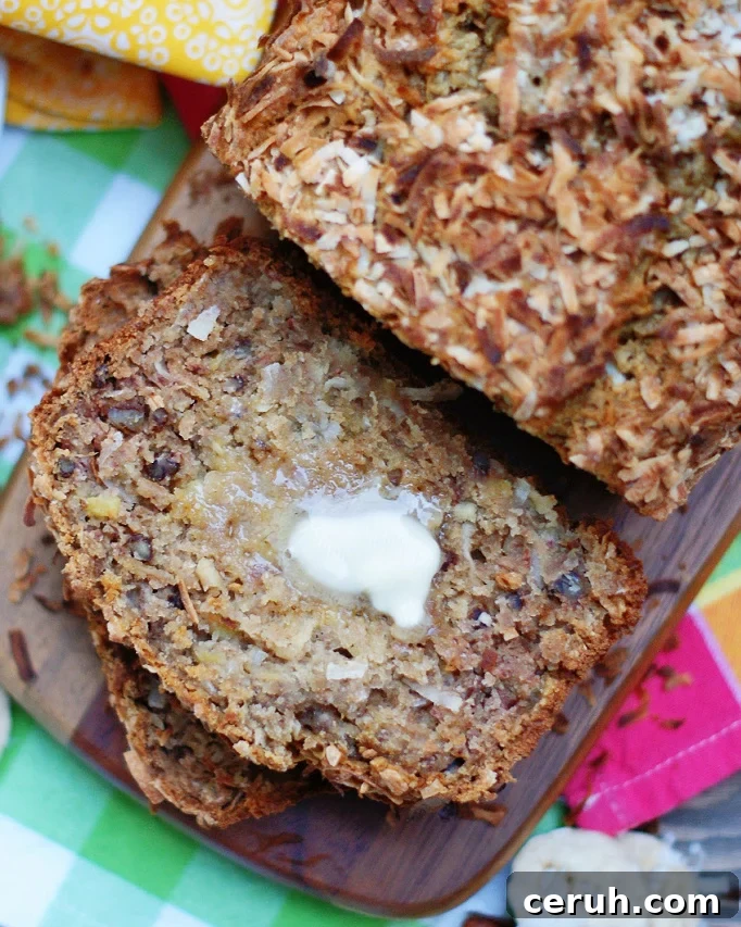 hummingbird banana bread is loaded with chunky bananas, coconut and bright pineapples.