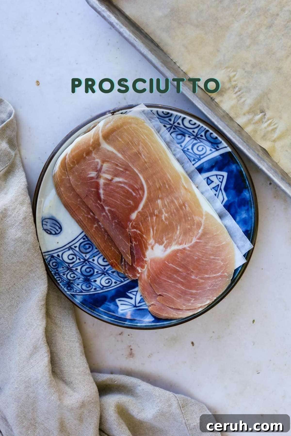 Ingredients to make crispy prosciutto, including only prosciutto and parchment paper.