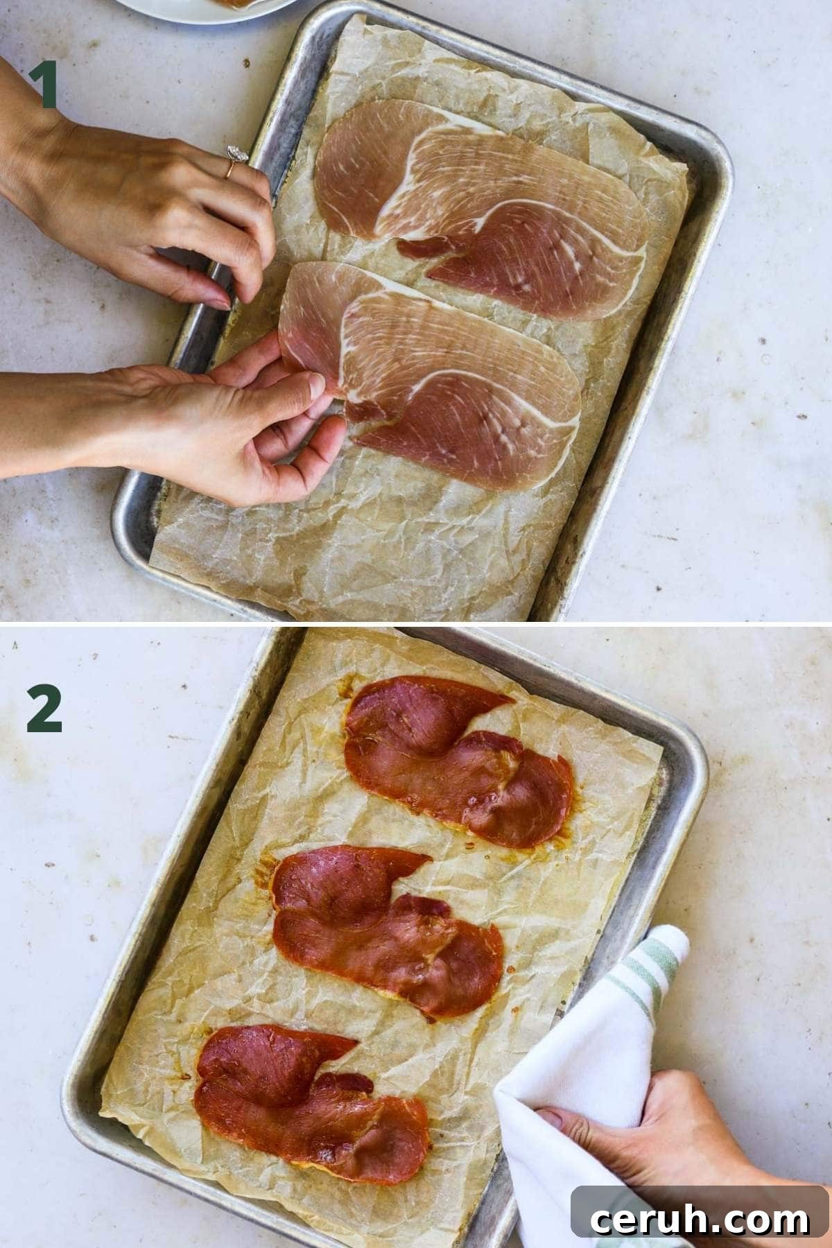 Steps to make crispy prosciutto, including placing the prosciutto on a parchment paper-lined baking tray and baking it in the oven to make it crispy.
