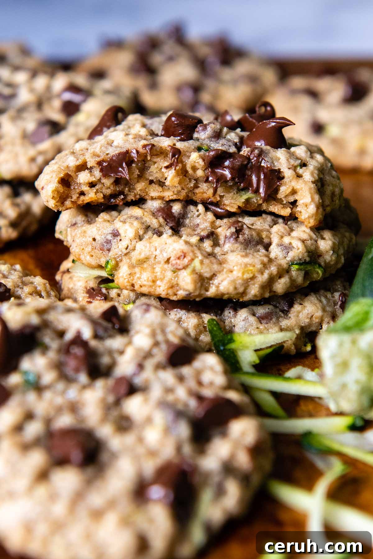 Soft Chewy Gluten-Free Zucchini Cookies That Stay Moist 8 a zucchini cookie stacked on other with a bite taken out and melting chocolate chips.