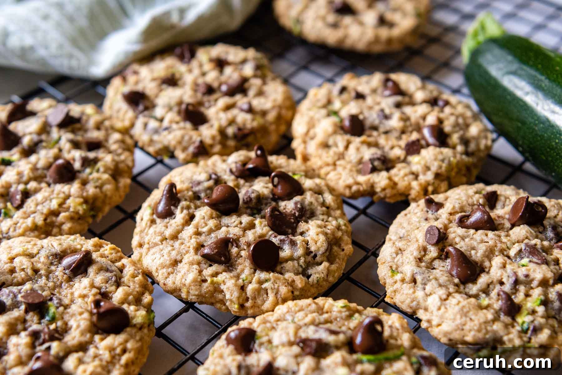 Soft Chewy Gluten-Free Zucchini Cookies That Stay Moist 9 cookies cooling on a wire rack with a zucchini resting next to it.