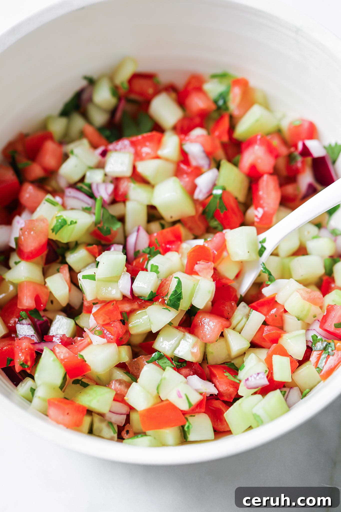 Close up of Kachumber Salad in a white bowl with a white spoon.