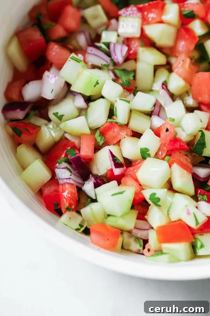 Close up of Kachumber Salad in a white bowl.