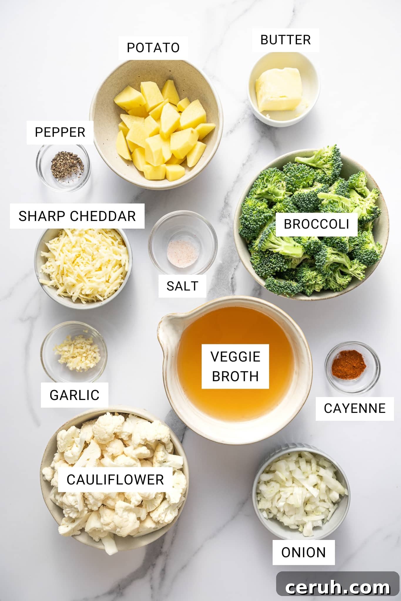 Overhead ingredient photo on a white marble surface with text overlays labeling each item: POTATO, BUTTER, PEPPER, SHARP CHEDDAR, SALT, BROCCOLI, VEGGIE BROTH, CAYENNE, GARLIC, CAULIFLOWER, and ONION.