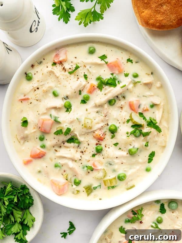 Bowl of Chicken Pot Pie Soup garnished with parsley and cracked pepper, served with biscuits on the side.