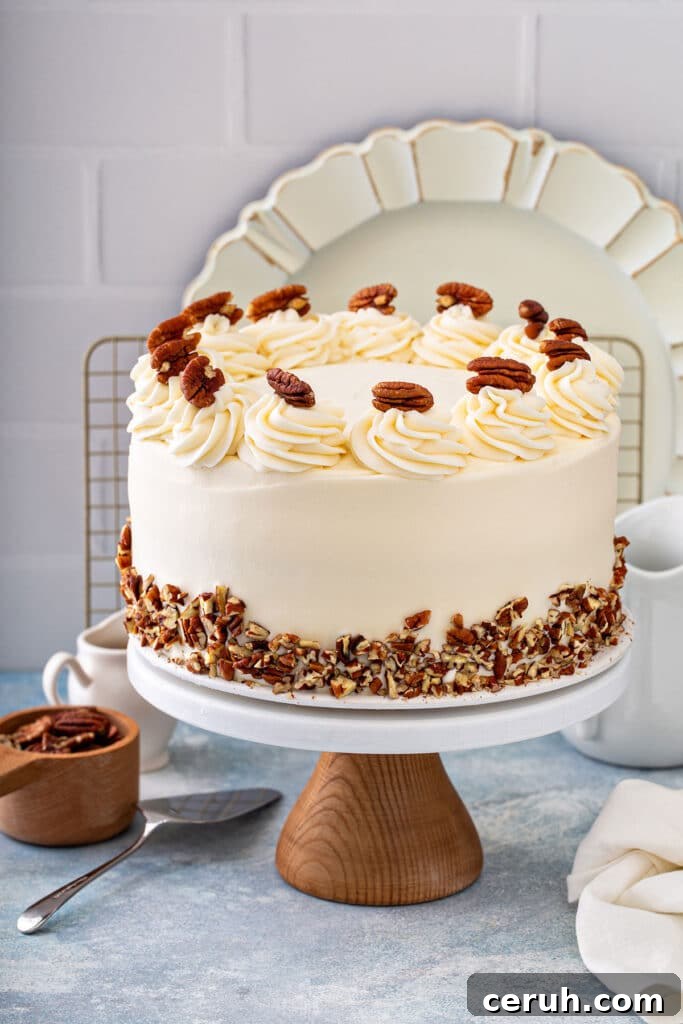Butter Pecan cake frosted with cream cheese frosting and decorated with chopped and whole toasted pecans.
