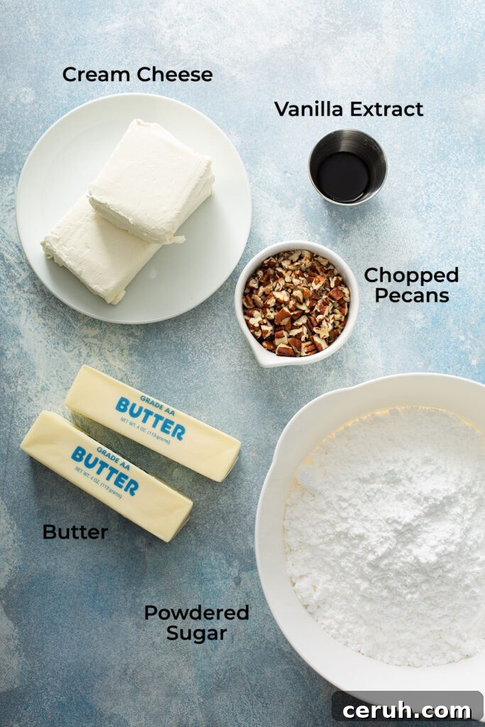 Ingredients to make the cake's rich and smooth cream cheese frosting plus additional chopped pecans to decorate the cake..