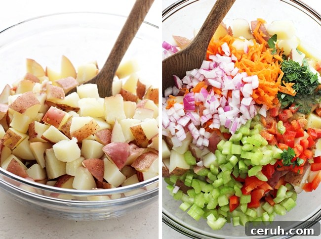 A glass mixing bowl filled with red potatoes, and then potatoes plus colorful veggies.