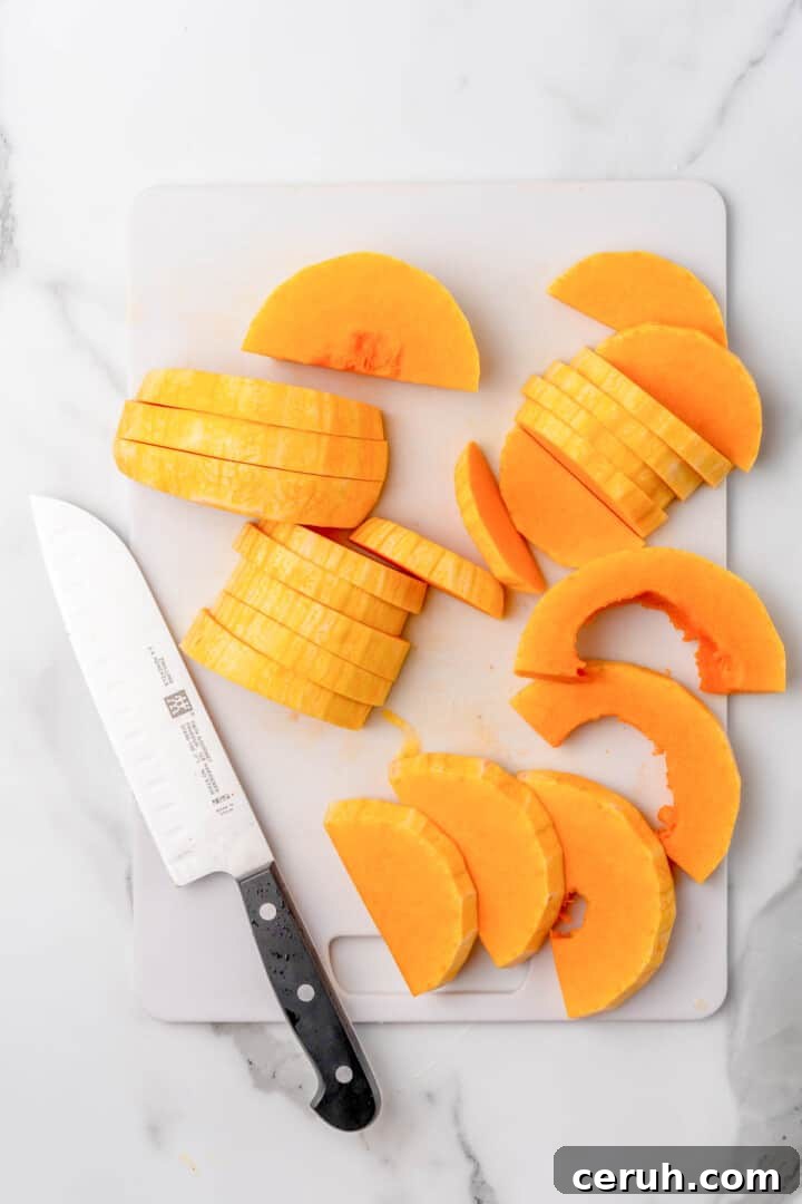 slicing the butternut squash.