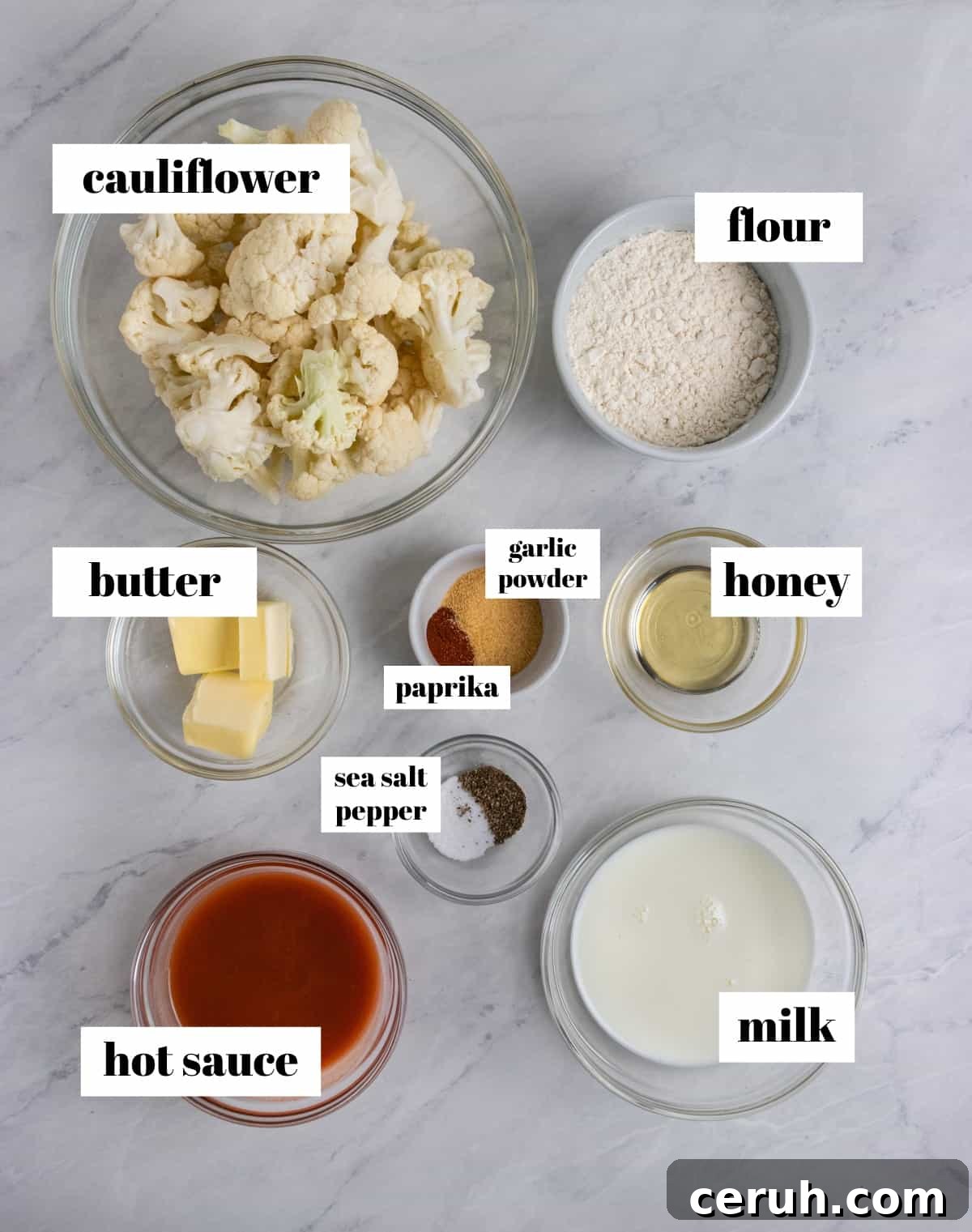 Hot sauce, butter, milk, flour and other ingredients labeled on counter.
