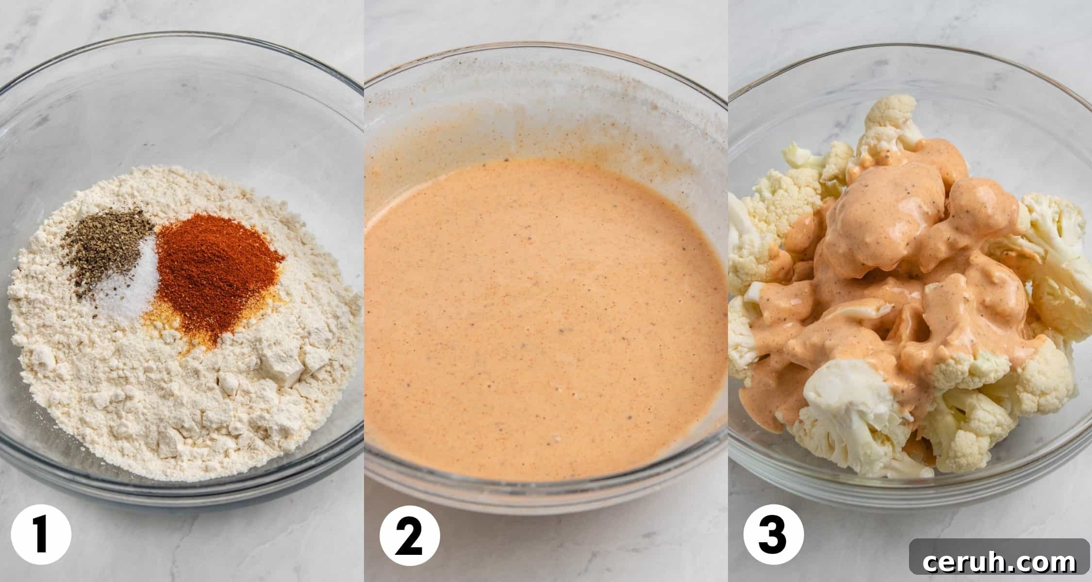 Flour and spices in bowl and then mixed with milk and poured on cauliflower.