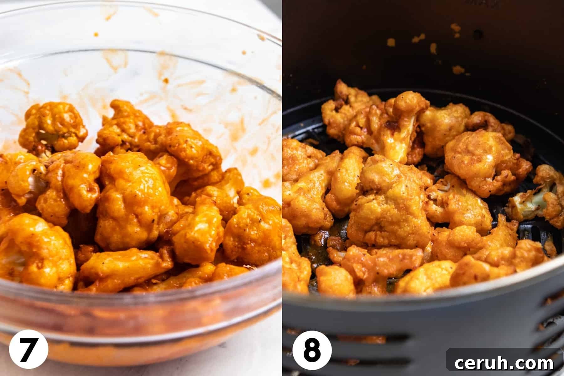 Buffalo sauce tossed with cauliflower and then added to air fryer.