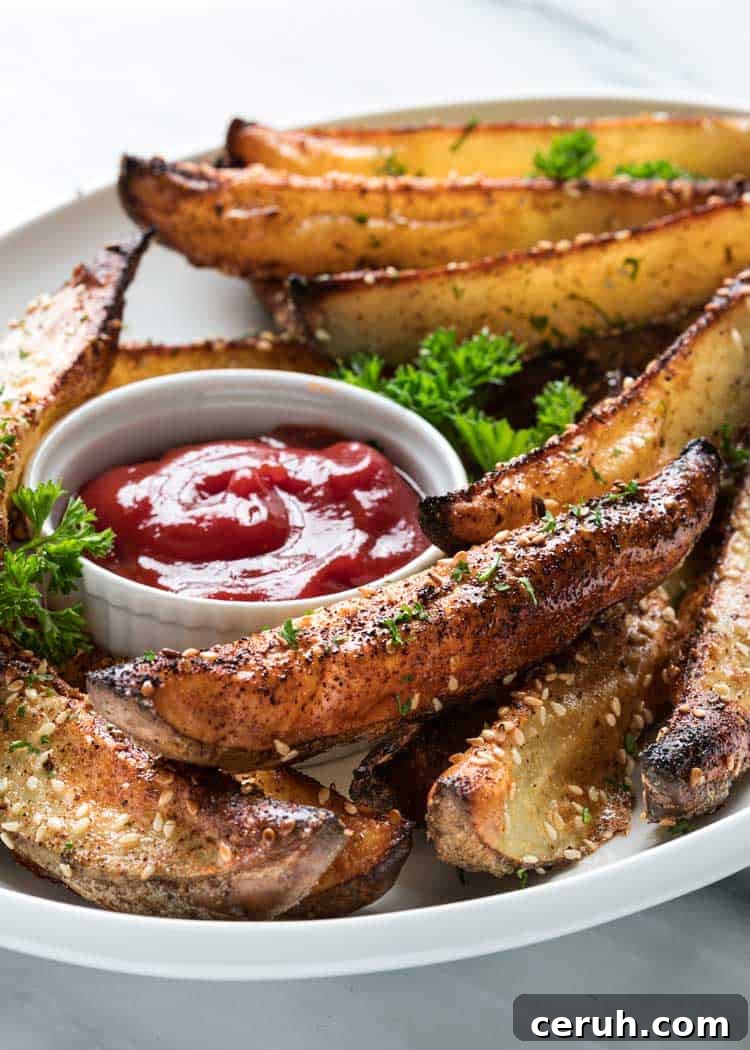 Mom's Baked Potato Wedges on white platter with catsup
