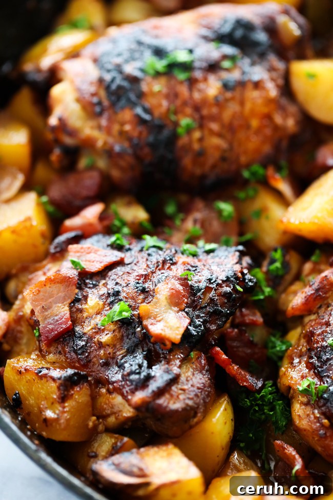 Braised Dijon Chicken and Potatoes skillet meal with caramelized onions, bacon and potatoes
