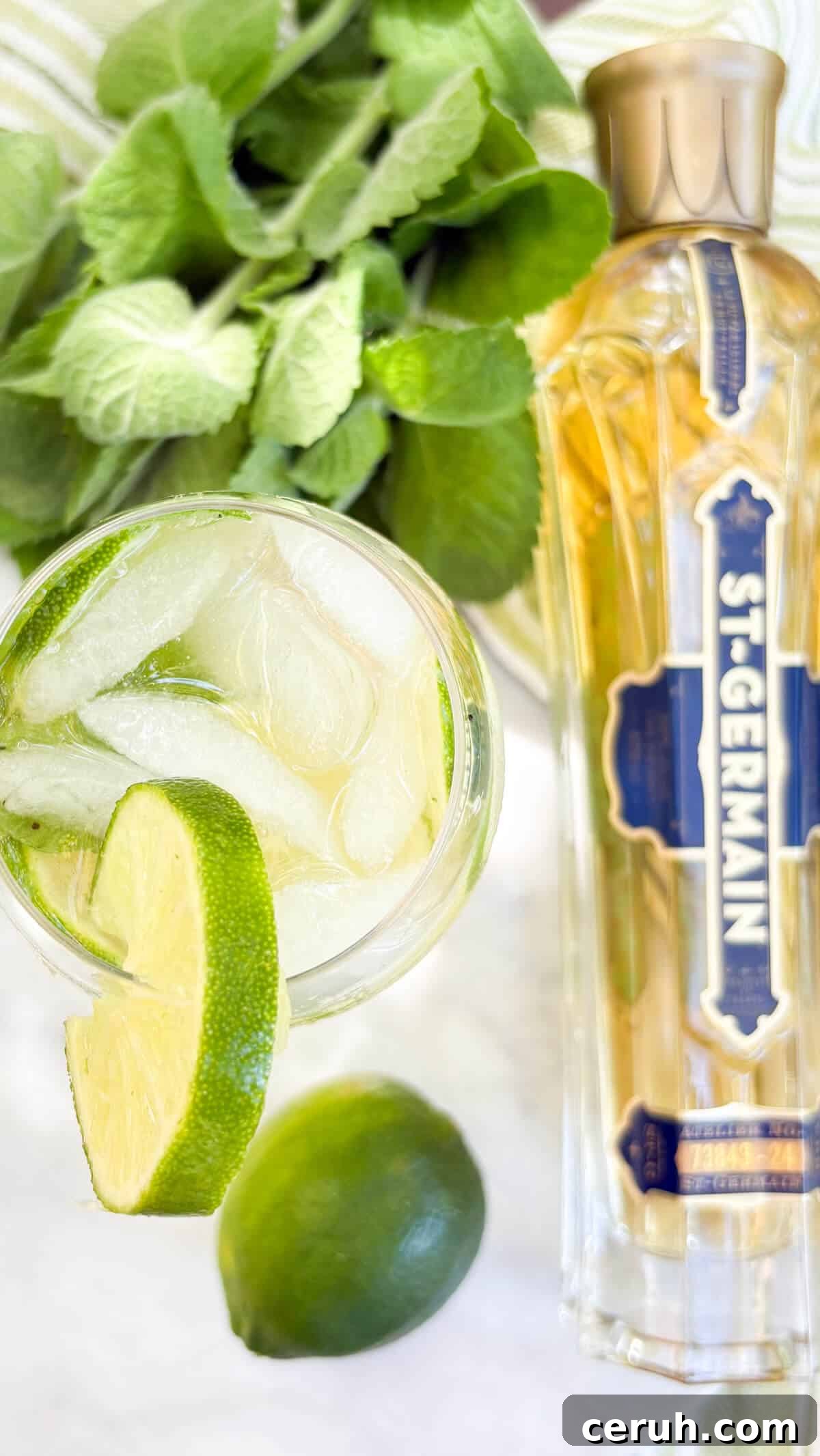 Cocktail, St. Germain, lime, and mint.