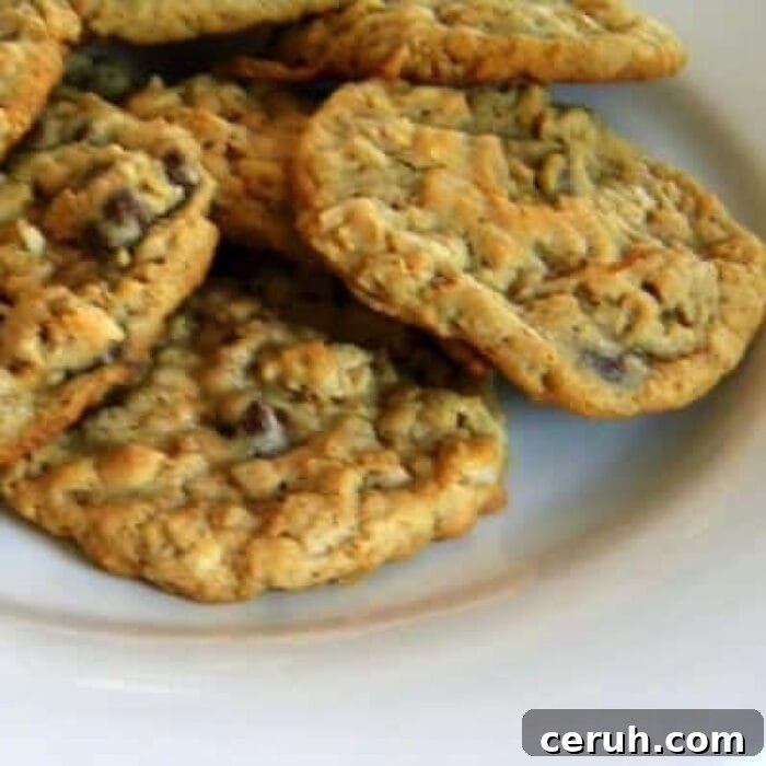 A stack of ranger cookies on a plate.